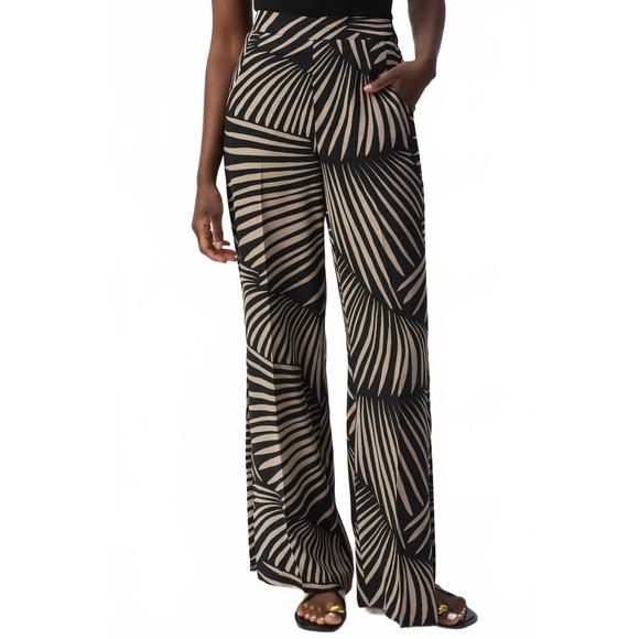 JOSEPH RIBKOFF Pants - NEW JOSEPH RIBKOFF tropical print side slit wide leg pants in black/dune
